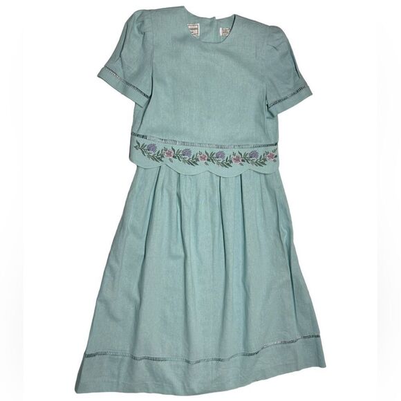 Vintage Karin Stevens Light Blue Short Sleeve Midi Dress Knee Length Flowers - Picture 1 of 16